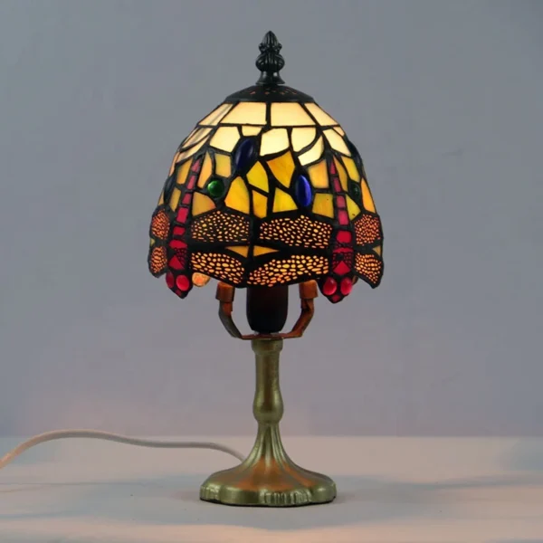 LongHuiJing Mini Dragonfly Stained Glass Lampshade Desk Light - Handcrafted Tiffany Art Table Lamp