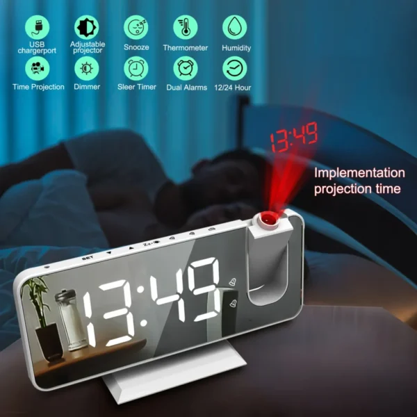 FM Radio LED Smart Alarm Clock - Digital Watch with 180° Time Projection & USB Wake-U