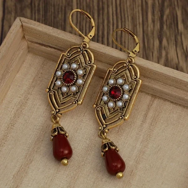 Vintage Women Earrings Gold Color Fashion Square Red Stones Imitation Pearl Earrings Party Bridal Jewelry - Image 3