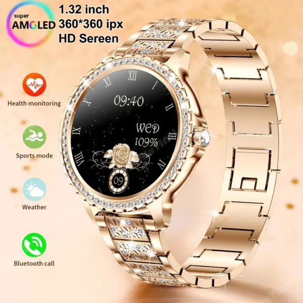 Gold Luxury Women’s Smartwatch:2024 New 1.32" HD Screen, Heart Rate Monitor, Voice Call Feature