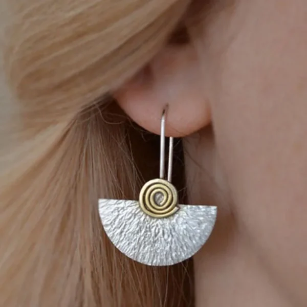 Vintage Spiral Semicircle Tribal Dangle Earrings Antique Jewelry Metal Two Tone Color Geometric Fan Earrings Party Gift