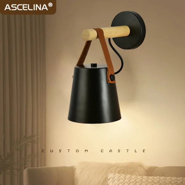 LED Bedside Wall Lamp Nordic Wood Leather Belt Hanging Sconces For Bedroom Study Living Room Modern Home Indoor Decorative Light