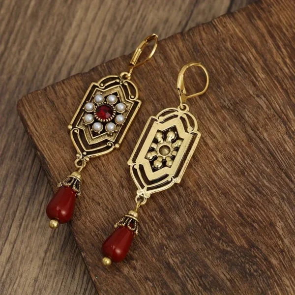 Vintage Women Earrings Gold Color Fashion Square Red Stones Imitation Pearl Earrings Party Bridal Jewelry - Image 2