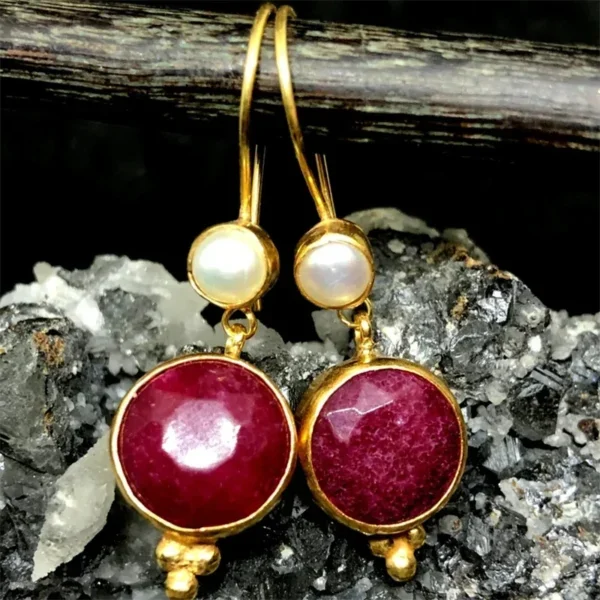 Classic Round Imitation Pearl Earrings - Trendy Gold-Color Metal with Red Stone Inlay Dangle Earrings