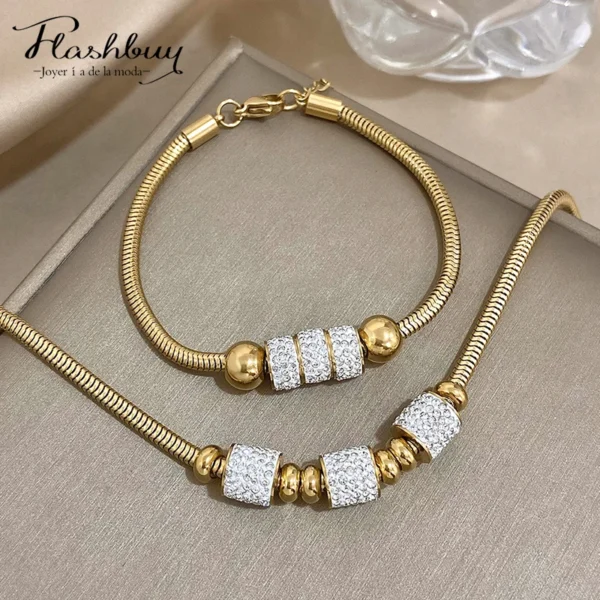 Stainless Steel Shiny Inlaid Rhinestone Cylindrical Charm Pendant Necklace Bracelet For Women Statement Snake Bone Chain Jewelry