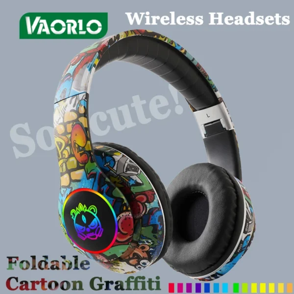 Graffiti Bluetooth Headphones - Wireless RGB LED Gaming Headset with Mic Low Latency TF Card Support Kids Gift