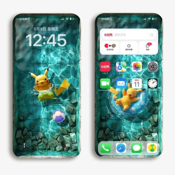 Wallpaper Aesthetic iPhone Lockscreen：Pikachu Pool series, Turquoise.