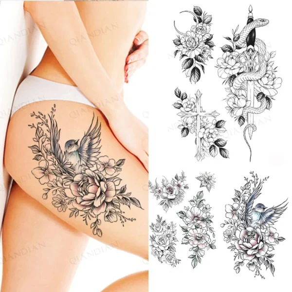 Black Flower Rose Waterproof Temporary Bird Snake Sexy Body Arm Leg Gem Henna Tattoo Fashion Big Fake Sleeve Sticker