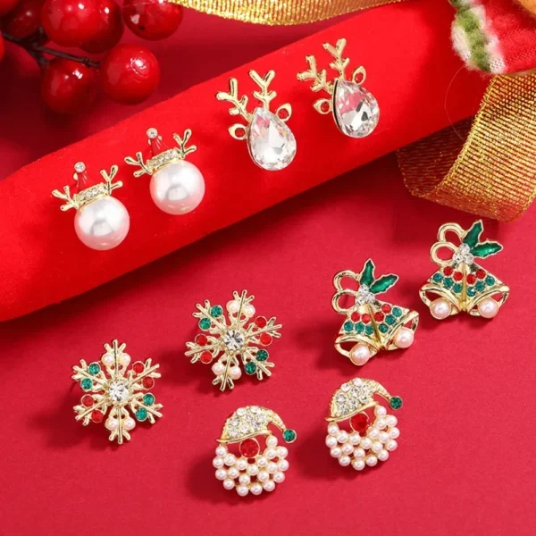 New Trendy Rhinestone Imitation Pearl Snowflake Bell Elk Christmas Hat Stud Earrings For Women Christmas Jewelry Accessories