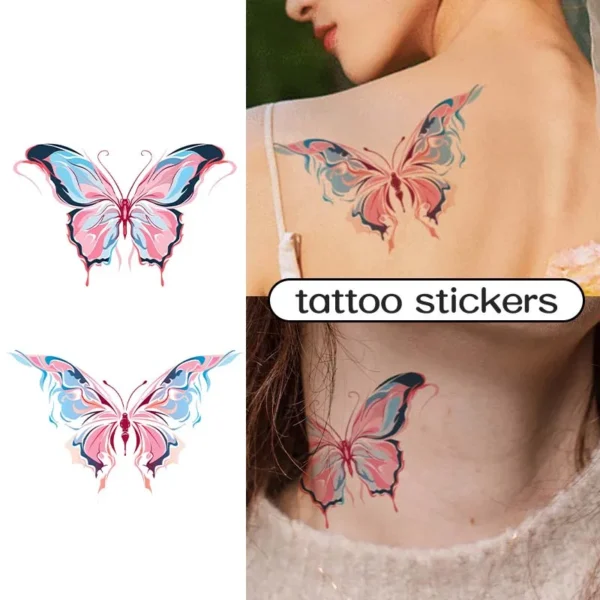 Gradient Blue and Pink Butterfly Waterproof Temporary Tattoo Sticker, for use on neck, back, and arms, Long-lasting, Fake Tattoo