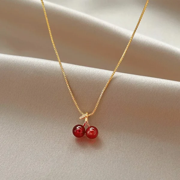 Little Wine Red Cherry Pendant Necklaces For Women Fashion Personality Fruit Golden Chain Necklace Party Jewelry Birthday Gifts