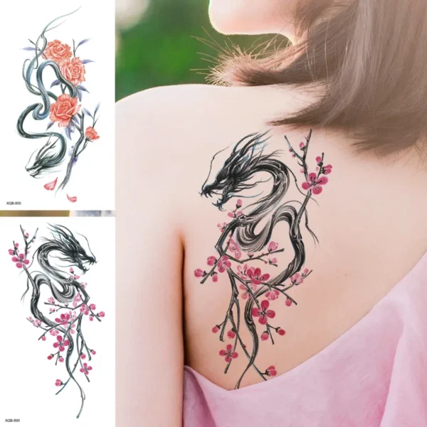 Waterproof Temporary Tattoo Sticker Plum Blossom Dragon Flower Arm Back Thighs Fake Tatto Flash Tatoo Tato for Girl Women Men