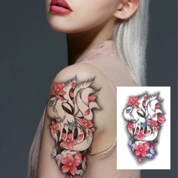 Large Arm Sleeve Tattoo Ninetales Sakura Cat Demon Waterproof Temporary Tattoo Stickers Japanese Body Art Full Fake Tatoo Women