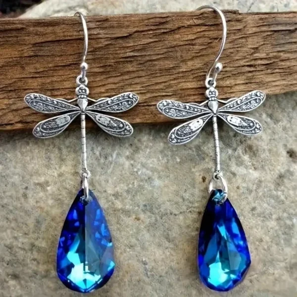 Blue Shiny Synthetic Gems Pendant Dragonfly Design Dangle Earrings for Women Elegant Style Silver Color Jewelry Trendy Earrings