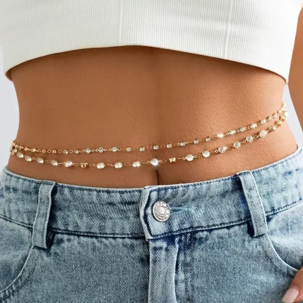 2Pcs/Set Sexy Aesthetic Shiny Rhinestone Waist Chain for Women Summer Bikini Double Layered Belt Belly Chain Beach Body Jewelry