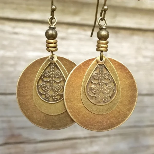 Ethnic Round Bronze Carved Earrings for Women Bohemian Metal Gold Color Old Distressed Beaded Dangle Earrings Jewelry