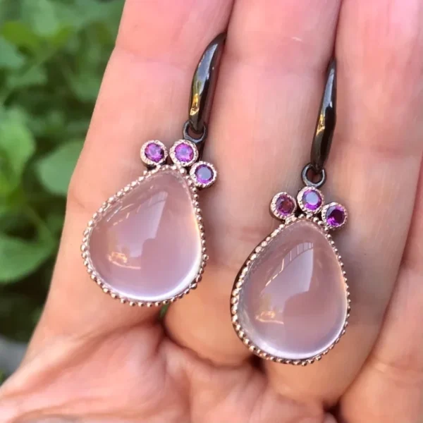 Luxury Rose Gold Water Drop Metal Two Tone Set Pink Crystal Earrings Women Moonstone Hook Drop Earrings Jewelry