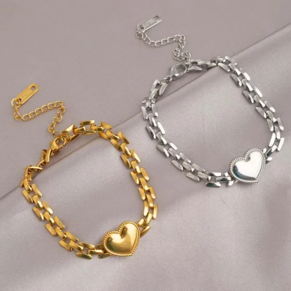 Stainless Steel Metal Heart Chain Bracelet For Women Men Punk Hip Hop Gold Color Watch Band Shape Charm Thick Bracelets Jewelry