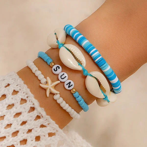 Ingemark 4Pcs/Set Boho Blue Polymer Clay Chain Bracelet for Women Summer Vintage Seed Bead Link Bangles Couple Hand Jewelry New