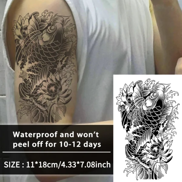 Koi Fish Arm Waterproof Temporary Tattoo Sticker, Long-lasting Waterproof for 1-2 weeks, Realistic Semi-Permanent Fake Tattoo