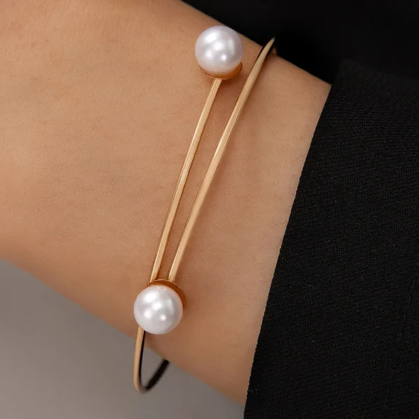 Simple Pearl Stone Single Layer Bangle Suitable for Women's Fashionable Geometric Alloy Adjustable Bracelet Accessories