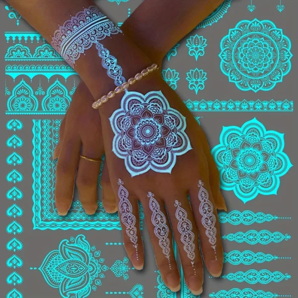 Blue Luminous Henna Tattoo Sticker Girls Tribal White Lace Lotus Tattoos Mandala Flower Fake Jewelry Pendant Temporary Tattoo