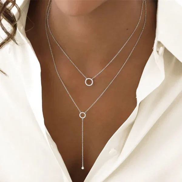 S925 Sterling Silver Double-Deck Circle Zircon Pendant Long O-Chain Choker Necklace 2024 Spring Women Wedding Fine Jewelry