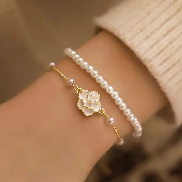 Vintage White Camellia Flower Bracelets For Women Elegant Double Layer Simulated Pearl Beads Chain Bracelet Jewelry 2024 Trend