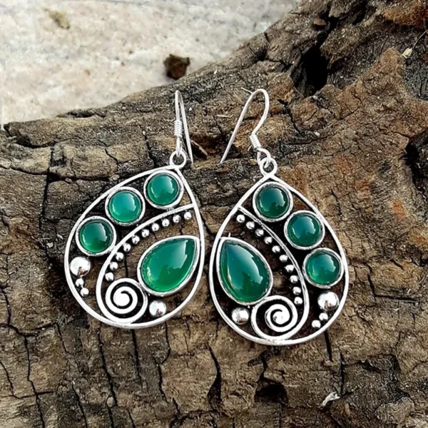 Vintage Waterdrop Metal Craftsman Carved Spiral Earrings Mosaic with Green Round Stone Hook Drop Earrings for Women