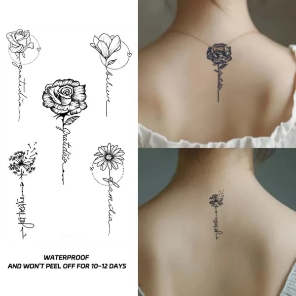 Rose and Text with Flower Stem Waterproof Temporary Tattoo Sticker, Long-lasting for 1-2 weeks, Semi-Permanent Fake Tattoo