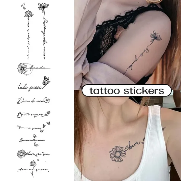 3pcs Butterfly and Floral English Phrase Waterproof Temporary Tattoo, Lasting 1-2 Weeks, Realistic Semi-Permanent Fake Tattoo