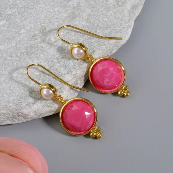 French Court Romantic Freshwater Pearl Paired with Pink Gem Golden Hook Women's Earrings