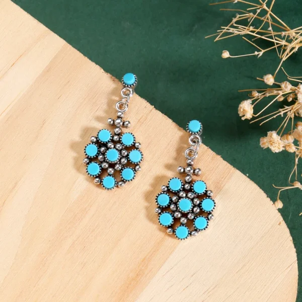 Bohemian Earrings for Women Round Flower Blue Beads Vintage Dangle Silver Color Hook Earrings Fine Jewelry - Image 2