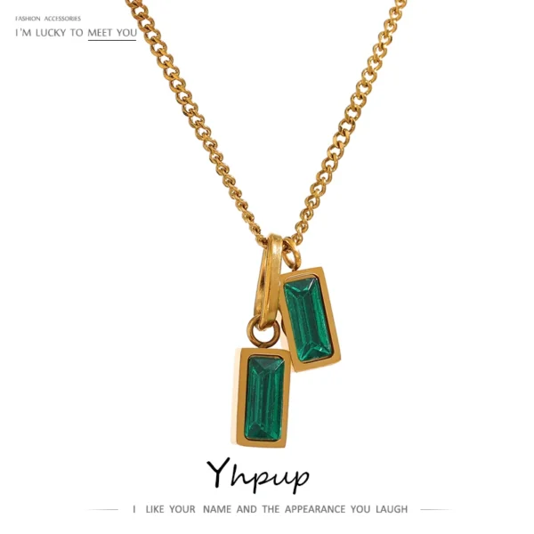 Stainless Steel Green Cubic Zirconia Pendant Necklace for Women Jewelry Statement Stylish Unique Design Collar Gift